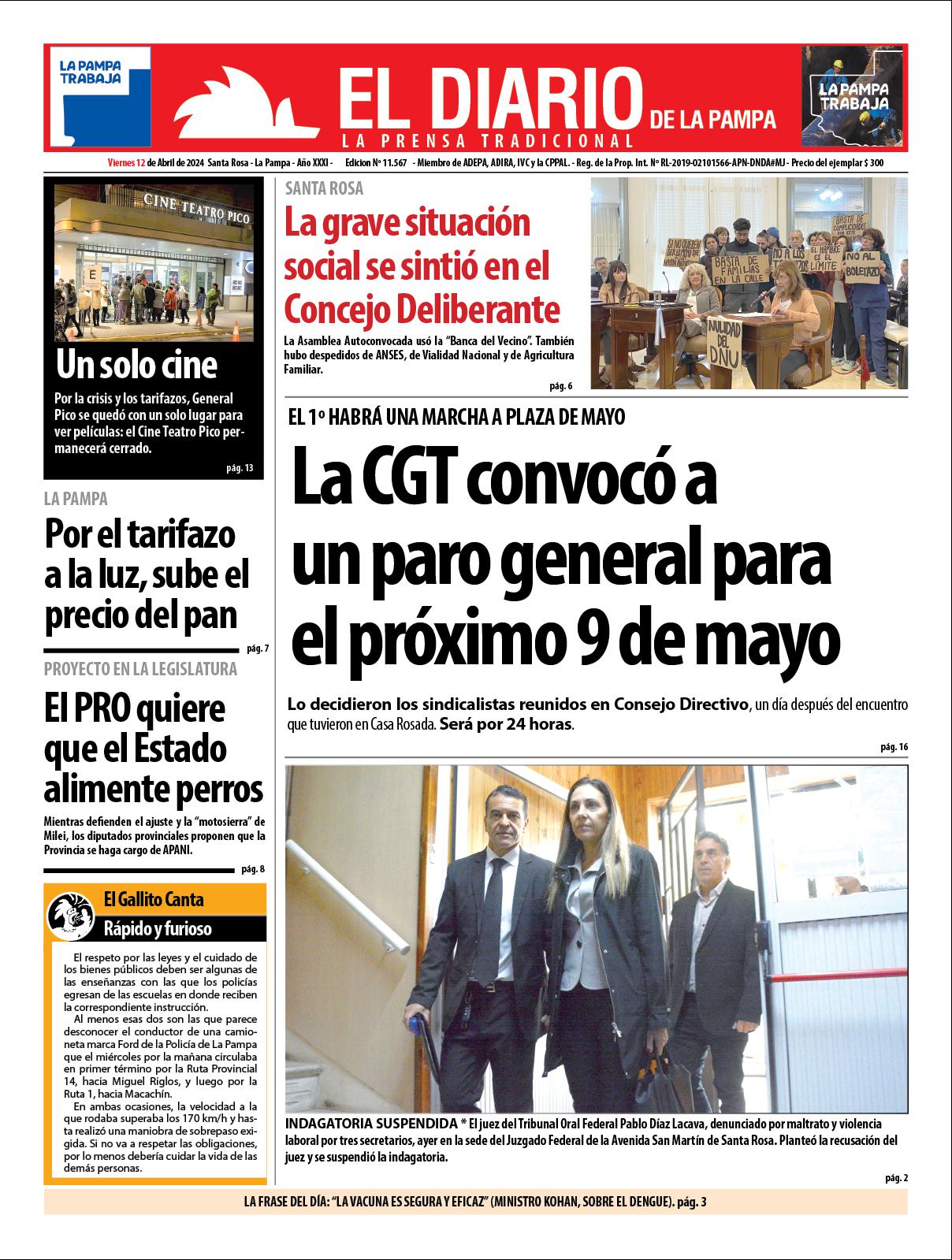 Tapa de El Diario en papel  viernes 12 de abril de 2024